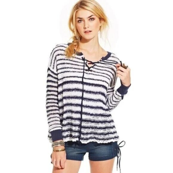 NWT Free People Navy White Striped Soft Knit Lace Up Sweater | Coastal Boho Prep - Picture 16 of 16